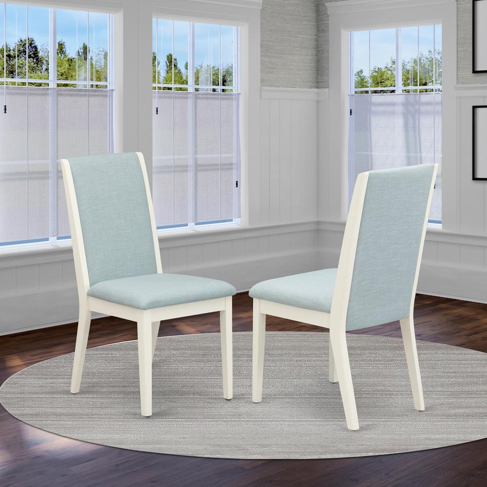 East West Furniture V026LA015-5 5Pc Kitchen Table Set Includes a Wood Table and 4 Parson Dining Chairs with Baby Blue Color Linen Fabric, Medium Size Table with Full Back Chairs, Wirebrushed Linen Whi. Picture 3
