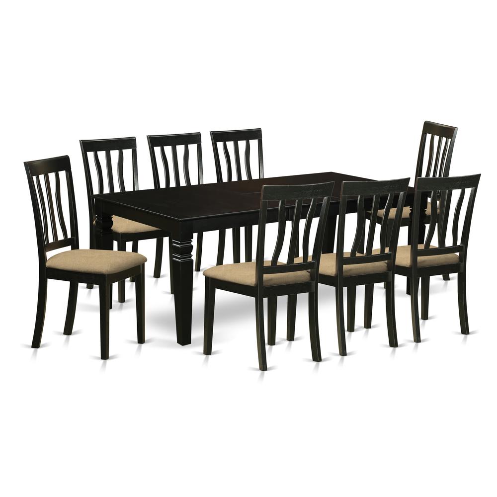 LGAN9-BLK-C 9 Pc Dining Room set with a Dining Table and 8 Linen Dining Chairs in Black. Picture 1