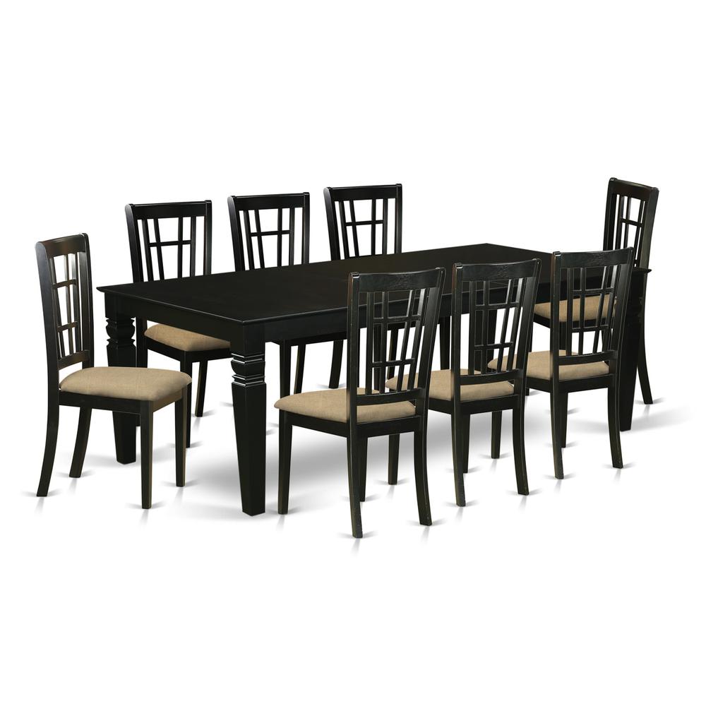 LGNI9-BLK-C 9 Pc Dining Room set with a Dining Table and 8Linen Dining Chairs in Black. Picture 1