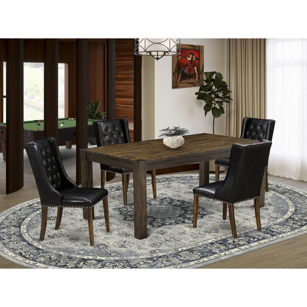LMFO5-77-49 5-Pc Modern Dining Set with 1 Dining Table and 4 Black Dining Chairs - Distressed Jacobean Finish. Picture 1