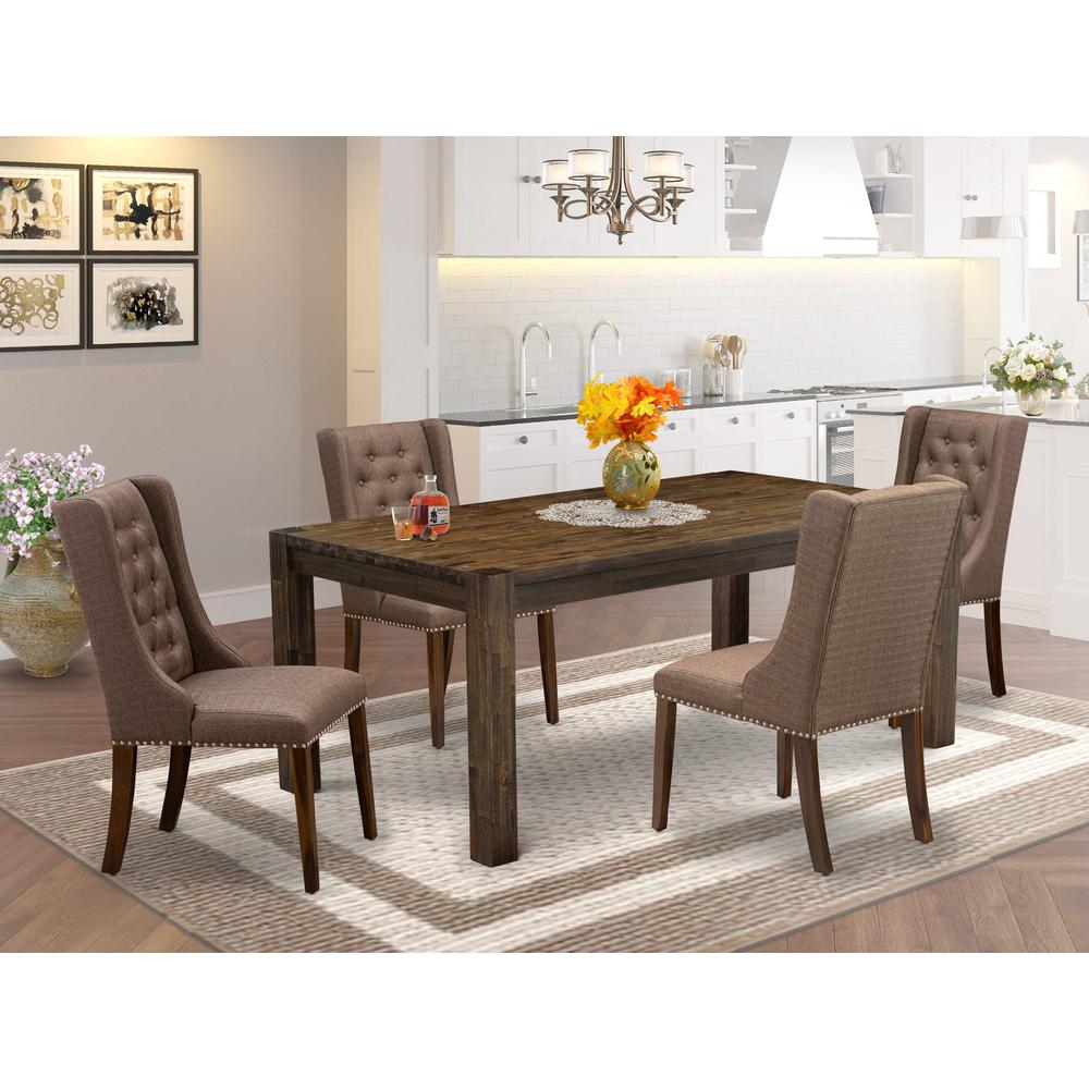 LMFO5-N8-18 5-Pc Dining Set with dining table and 4 Brown Linen Fabric Dining Chair - Antique Walnut Finish. Picture 1