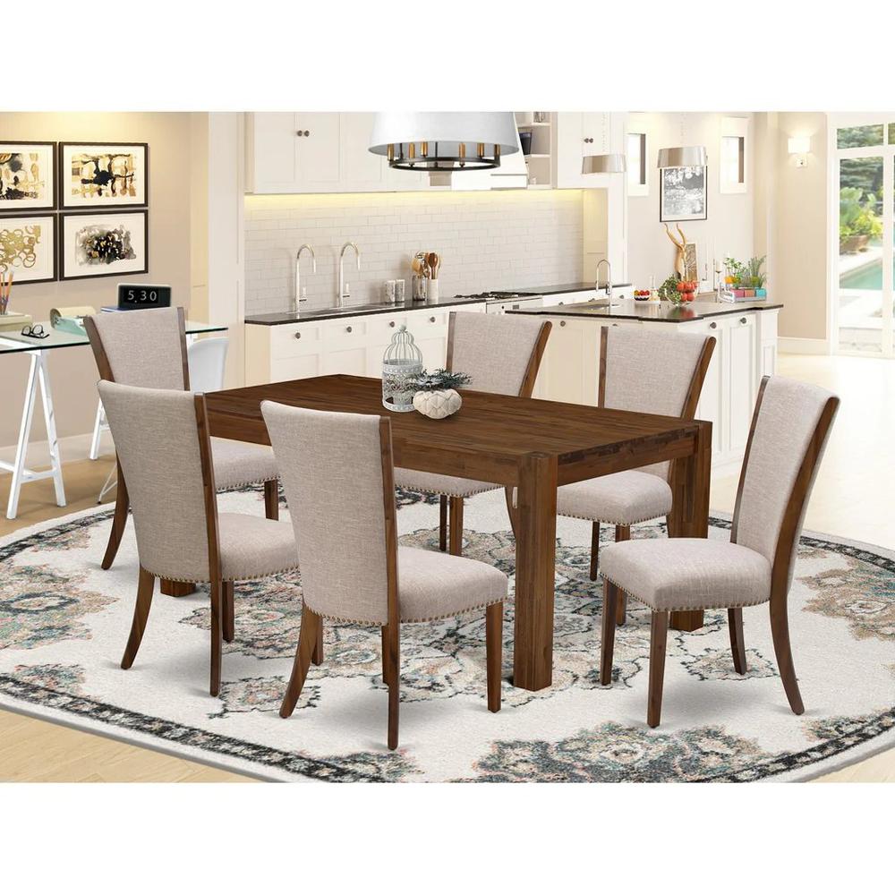 LMVE7-N8-04 - 7-Pc Kitchen Dining Set- 6 Padded Parson Chair and Modern Kitchen Table - Light Tan Linen Fabric Seat and High Chair Back (Antique Walnut Finish). Picture 2