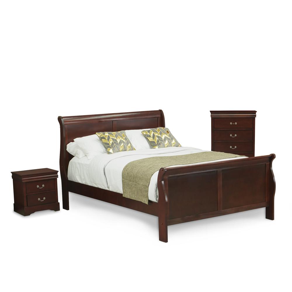 East West Furniture Louis Philippe 3 Piece Queen Size Bedroom Set in Phillip Walnut Finish with Queen Bed,Nightstand Chest. Picture 1