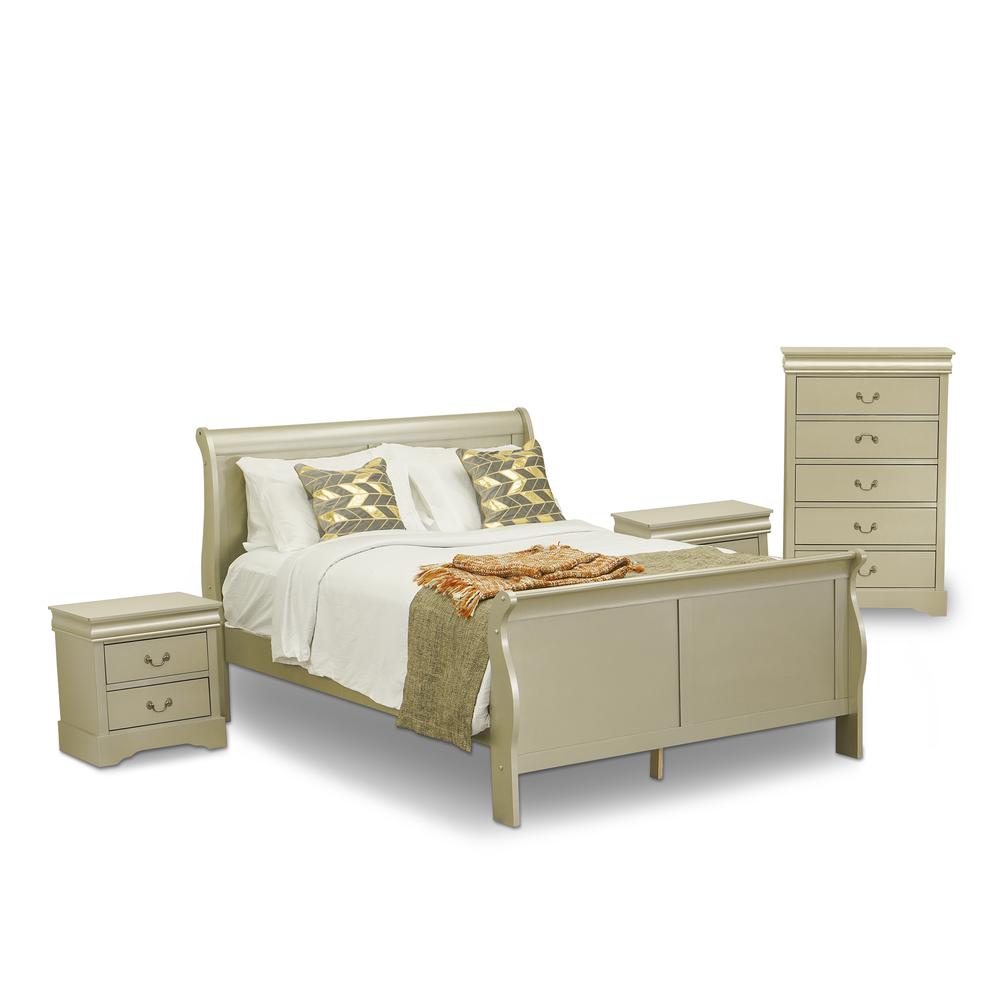 East West Furniture Louis Philippe 4 Piece Queen Size Bedroom Set in Metallic Gold Finish with Queen Bed,2 Nightstands Chest. Picture 1
