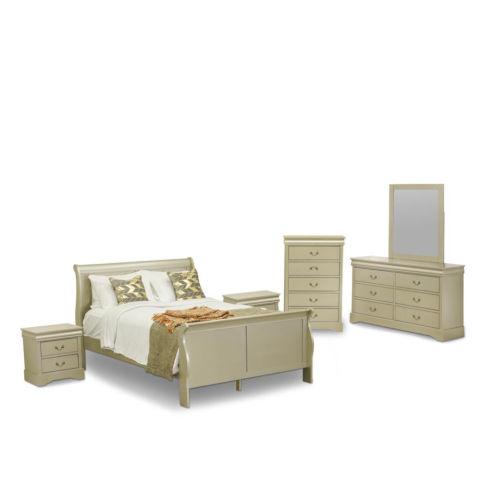 East West Furniture Louis Philippe 6 Piece Queen Size Bedroom Set in Metallic Gold Finish with Queen Bed,2 Nightstands ,Dresser, Mirror,Chest. Picture 1