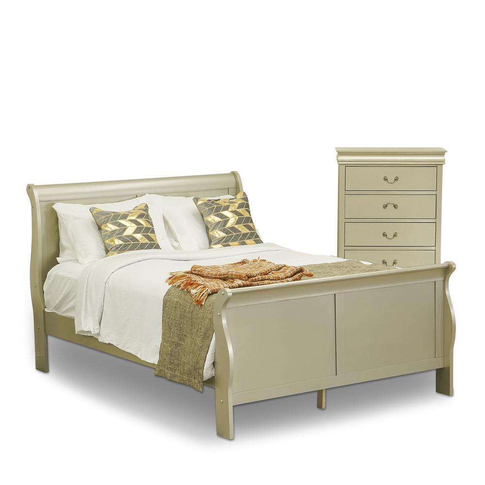 East West Furniture Louis Philippe 2 Piece Queen Size Bedroom Set in Metallic Gold Finish with Queen Bed, Chest. Picture 1