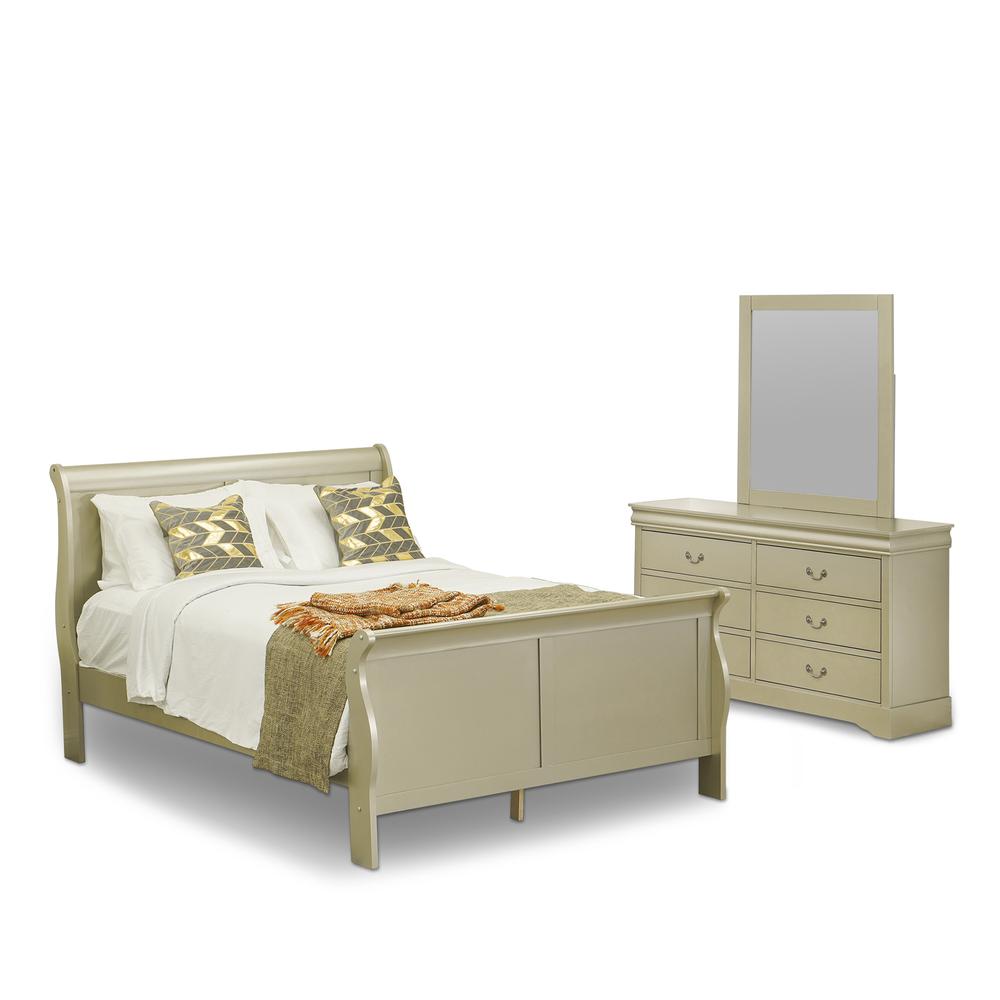 East West Furniture Louis Philippe 3 Piece Queen Size Bedroom Set in Metallic Gold Finish with Queen Bed, ,Dresser, Mirror,. Picture 1