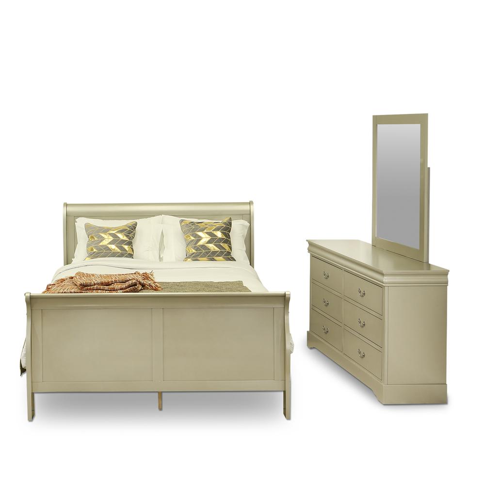 East West Furniture Louis Philippe 3 Piece Queen Size Bedroom Set in Metallic Gold Finish with Queen Bed, ,Dresser, Mirror,. Picture 2
