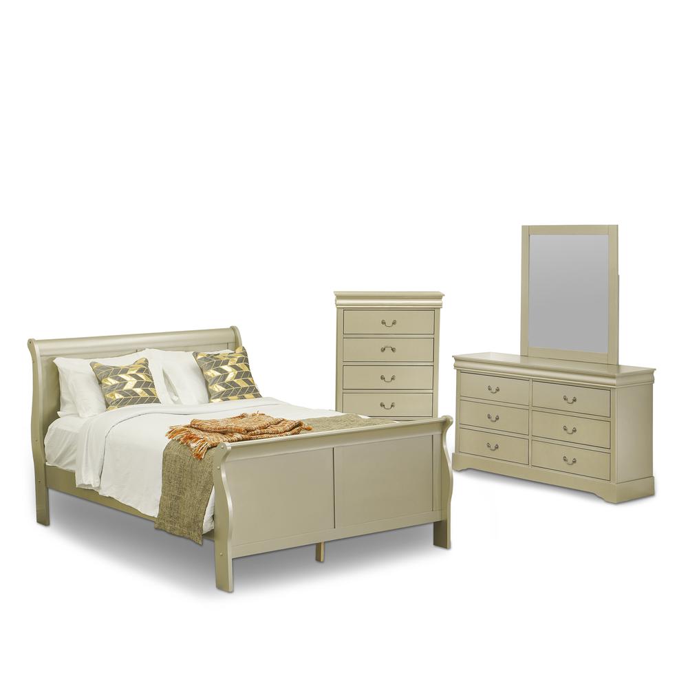 East West Furniture Louis Philippe 4 Piece Queen Size Bedroom Set in Metallic Gold Finish with Queen Bed, ,Dresser, Mirror,Chest. Picture 1