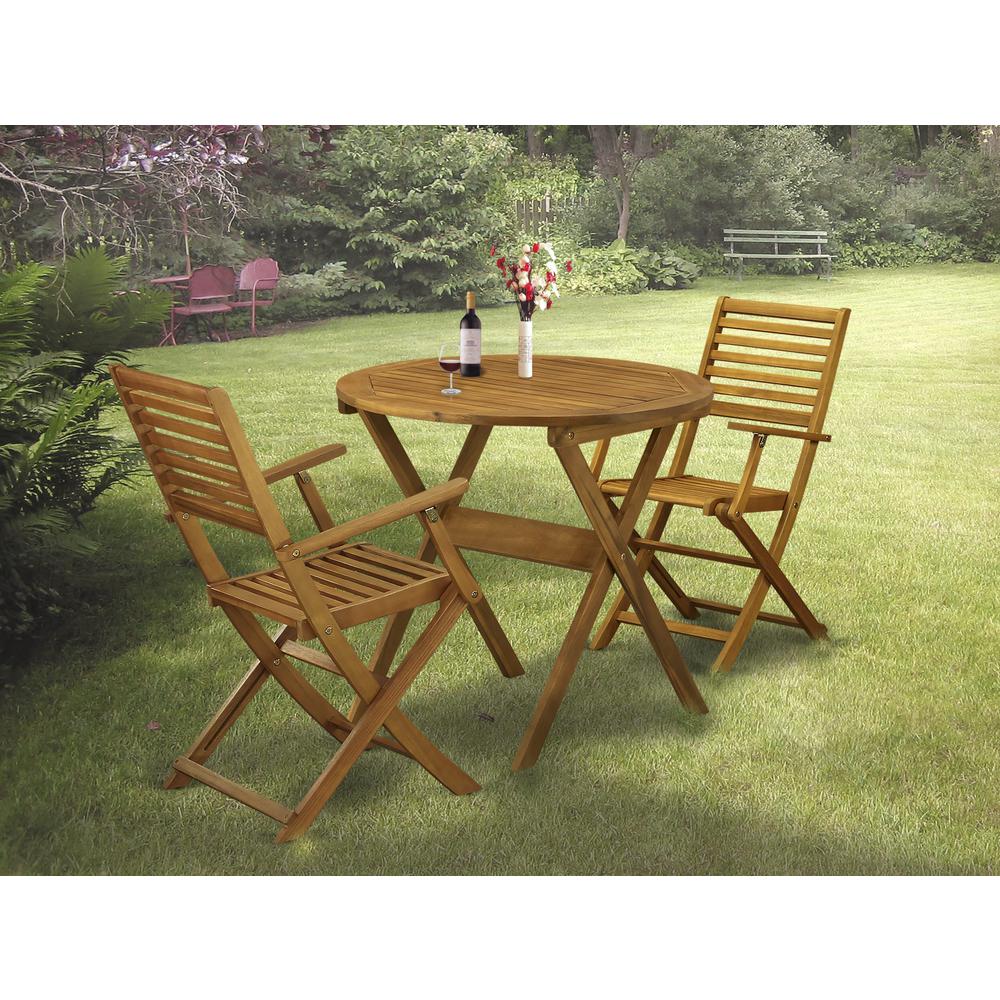East West Furniture 3-Piece Outdoor Dining Table Set Includes a Bistro Table and 2 Folding Dining Chairs Perfect for Garden, Terrace, Bistro, and Porch - Natural Oil Finish. Picture 1