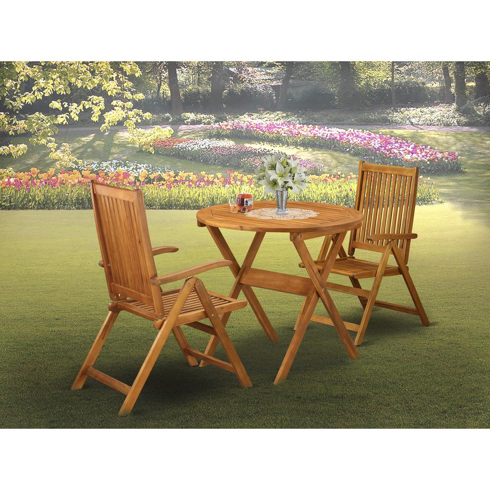 MNCN3C5NA 3-Pc Patio Outdoor Dining Table Set Consists of a Folding Camping Table and 2 Outdoor Patio Chairs - Natural Oil Finish. Picture 1