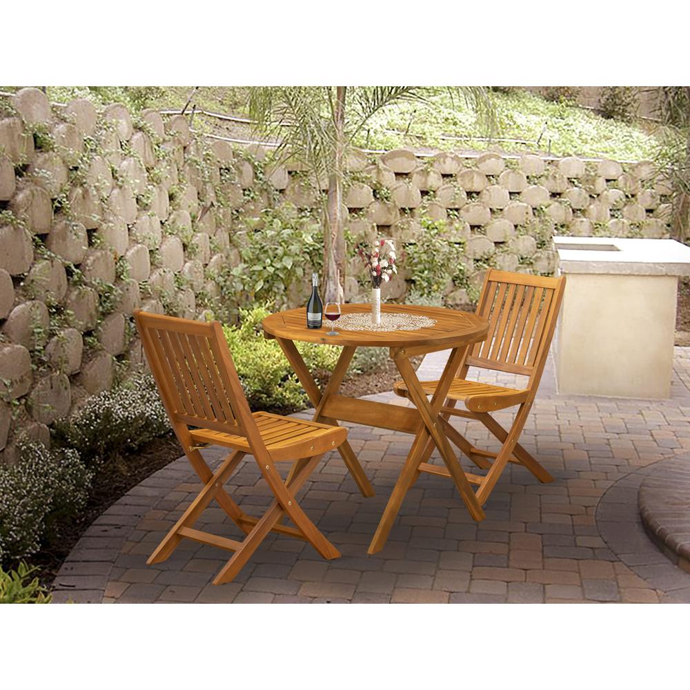 East West Furniture 3-Pc Patio Table Set Consists of a Wooden Folding Table and 2 Folding Patio Chairs Ideal for Garden, Terrace, Bistro, and Porch - Natural Oil Finish. The main picture.