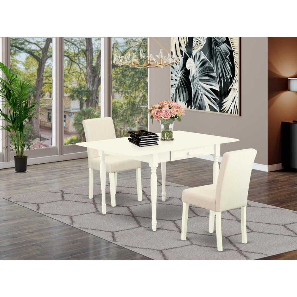 1MZAB3-LWH-02 3Pc Dining Room Table Set Consists of a Wood Dining Table and 2 Upholstered Dining Chairs with Light Beige Color Linen Fabric, Drop Leaf Table with Full Back Chairs, Linen White Finish. Picture 2