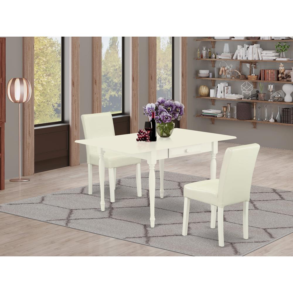 1MZAB3-LWH-64 3Pc Dining Table Set for 2 Includes a Small Dining Table and 2 Parsons Chairs with White Color PU Leather, Drop Leaf Table with Full Back Chairs, Linen White Finish. Picture 1