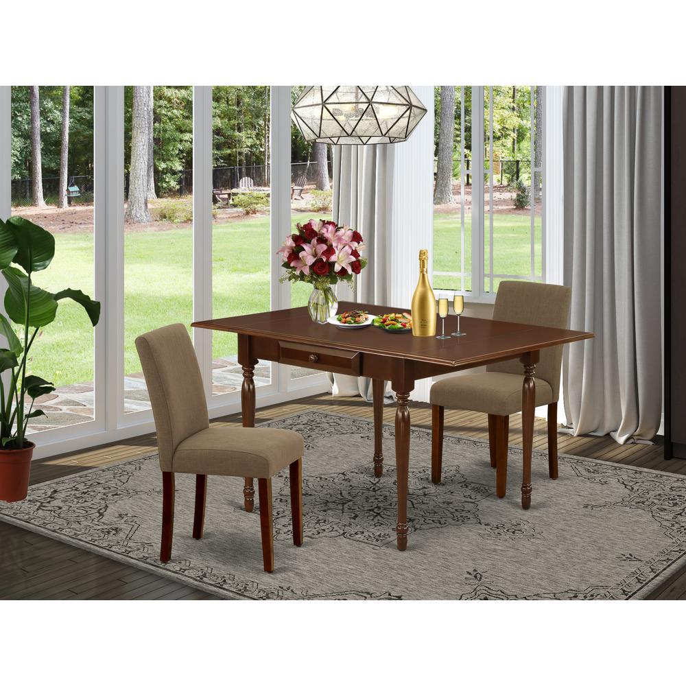 1MZAB3-MAH-18 3Pc Dining Table Set Includes a Dining Table and 2 Parson Chairs with Coffee Color Linen Fabric, Drop Leaf Table with Full Back Chairs, Mahogany Finish. Picture 1
