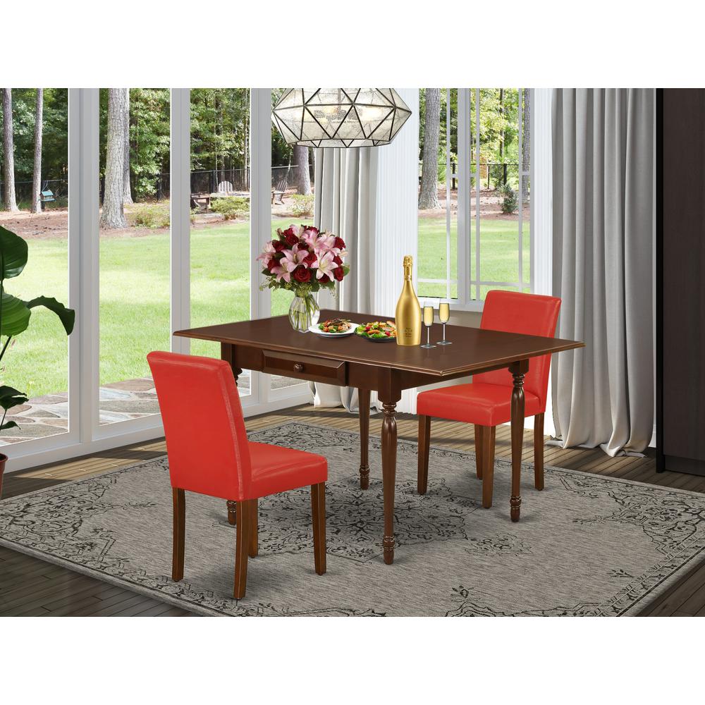 1MZAB3-MAH-72 3Pc Dinette Sets for Small Spaces Consists of a Wood Dining Table and 2 Parsons Dining Chairs with Firebrick Red Color PU Leather, Drop Leaf Table with Full Back Chairs, Mahogany Finish. Picture 1