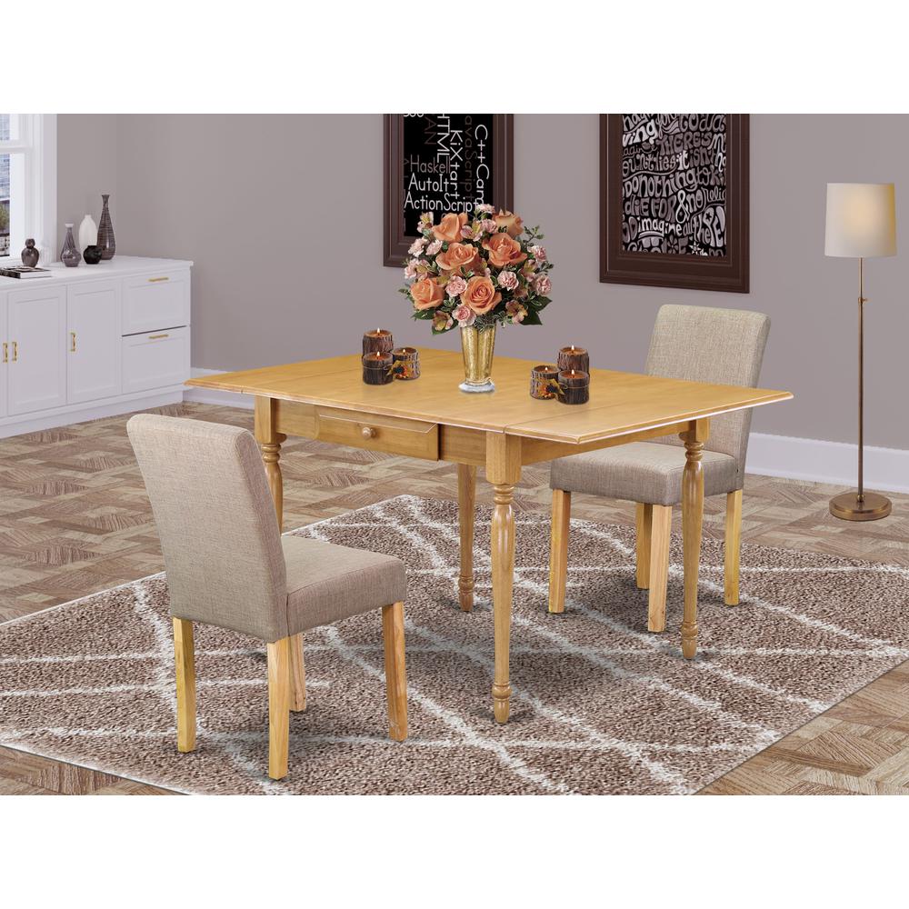 1MZAB3-OAK-04 3Pc Dinette Set Contains a Small Dining Table and 2 Parsons Dining Chairs with Light Fawn Color Linen Fabric, Drop Leaf Table with Full Back Chairs, Oak Finish. Picture 1