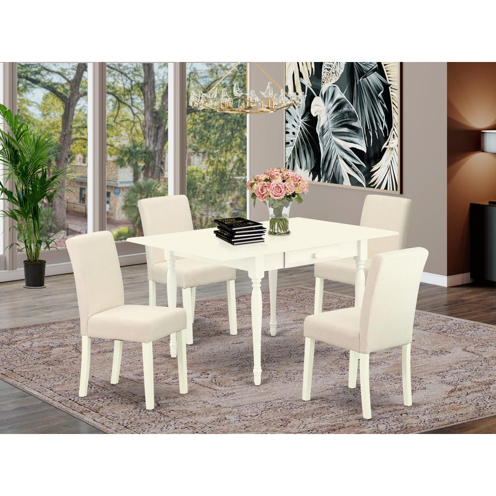 1MZAB5-LWH-02 5Pc Kitchen Set Consists of a Modern Dining Table and 4 Parson Chairs with Light Beige Color Linen Fabric, Drop Leaf Table with Full Back Chairs, Linen White Finish. Picture 1