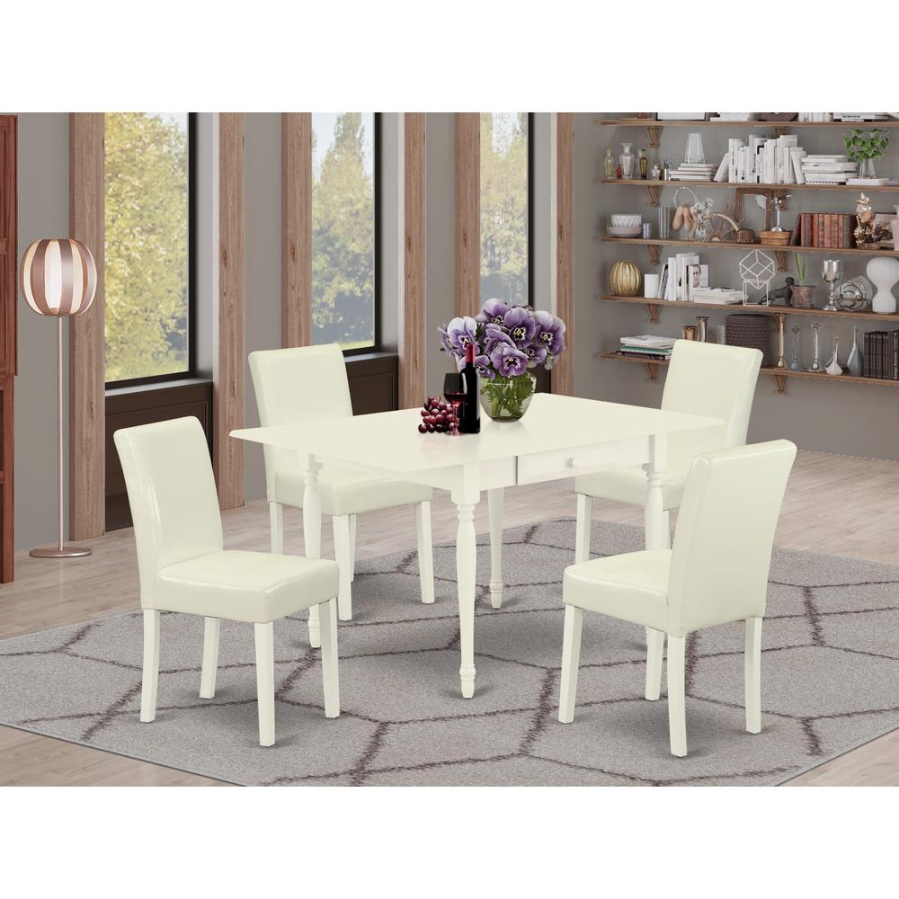 1MZAB5-LWH-64 5Pc Wood Dining Table Set Consists of a Dining Table and 4 Parsons Dining Chairs with White Color PU Leather, Drop Leaf Table with Full Back Chairs, Linen White Finish. Picture 1