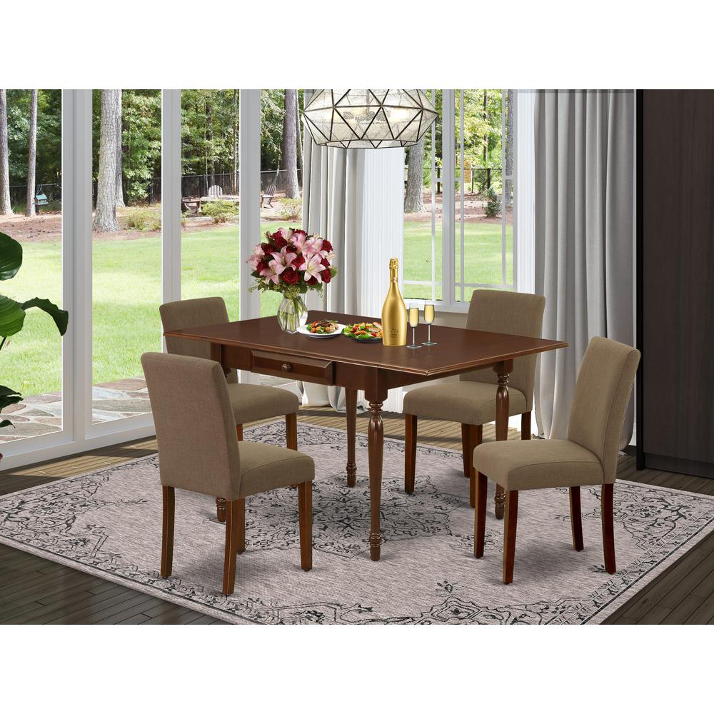 1MZAB5-MAH-18 5Pc Modern Dining Table Set Includes a Wood Dining Table and 4 Parson Chairs with Coffee Color Linen Fabric, Drop Leaf Table with Full Back Chairs, Mahogany Finish. Picture 1