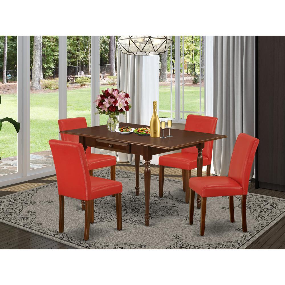 1MZAB5-MAH-72 5Pc Dining Set for 4 Includes a Dining Room Table and 4 Parsons Chairs with Firebrick Red Color PU Leather, Drop Leaf Table with Full Back Chairs, Mahogany Finish. Picture 1