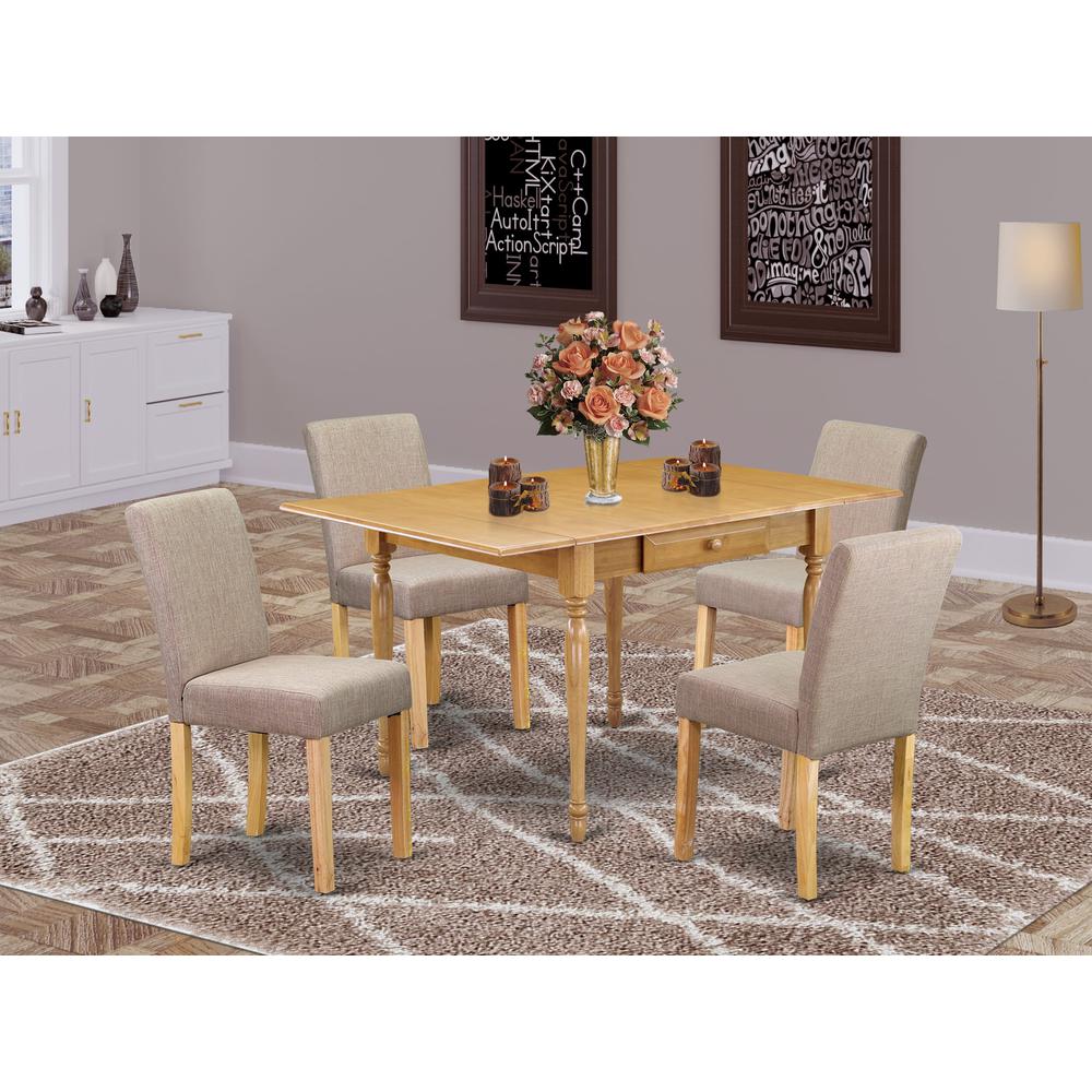 1MZAB5-OAK-04 5Pc Kitchen Table Sets Contains a Dining Room Table and 4 Parson Chairs with Light Fawn Color Linen Fabric, Drop Leaf Table with Full Back Chairs, Oak Finish. Picture 1