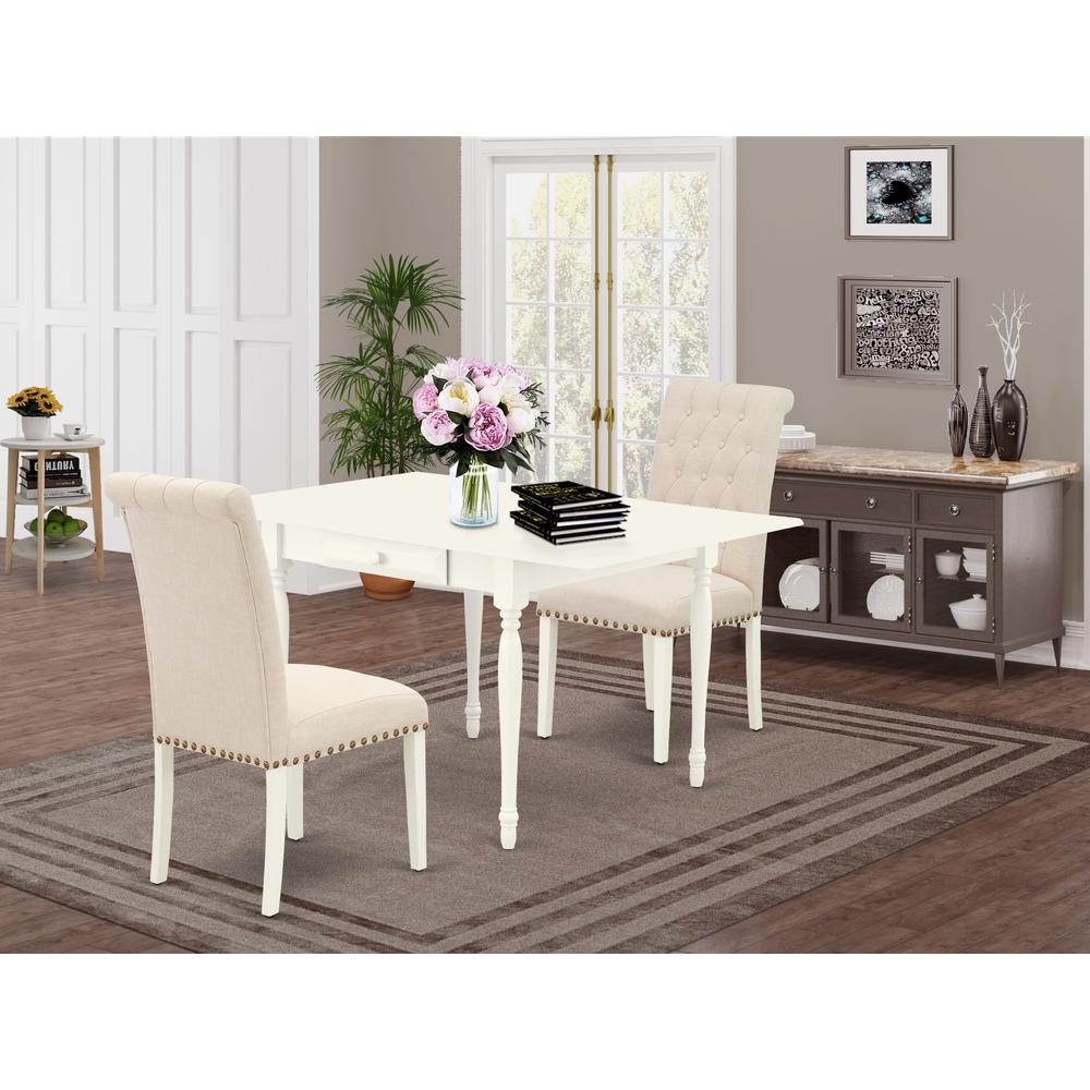 1MZBR3-LWH-02 3Pc Dining Table Set Contains a Kitchen Table and 2 Parsons Chairs with Light Beige Color Linen Fabric, Drop Leaf Table with Full Back Chairs, Linen White Finish. Picture 1