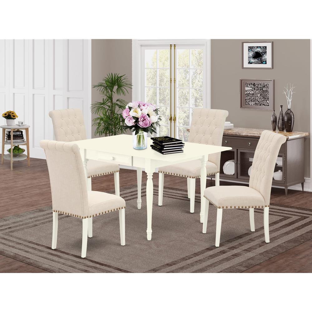 1MZBR5-LWH-02 5Pc Dinette Set Includes a Small Table and 4 Parsons Dining Chairs with Light Beige Color Linen Fabric, Drop Leaf Table with Full Back Chairs, Linen White Finish. Picture 1