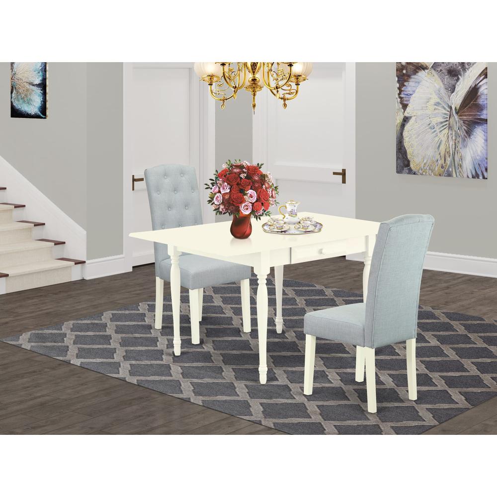 1MZCE3-LWH-15 3Pc Dining Table Set Contains a Wood Dining Table and 2 Upholstered Dining Chairs with Baby Blue Color Linen Fabric, Drop Leaf Table with Full Back Chairs, Linen White Finish. Picture 1