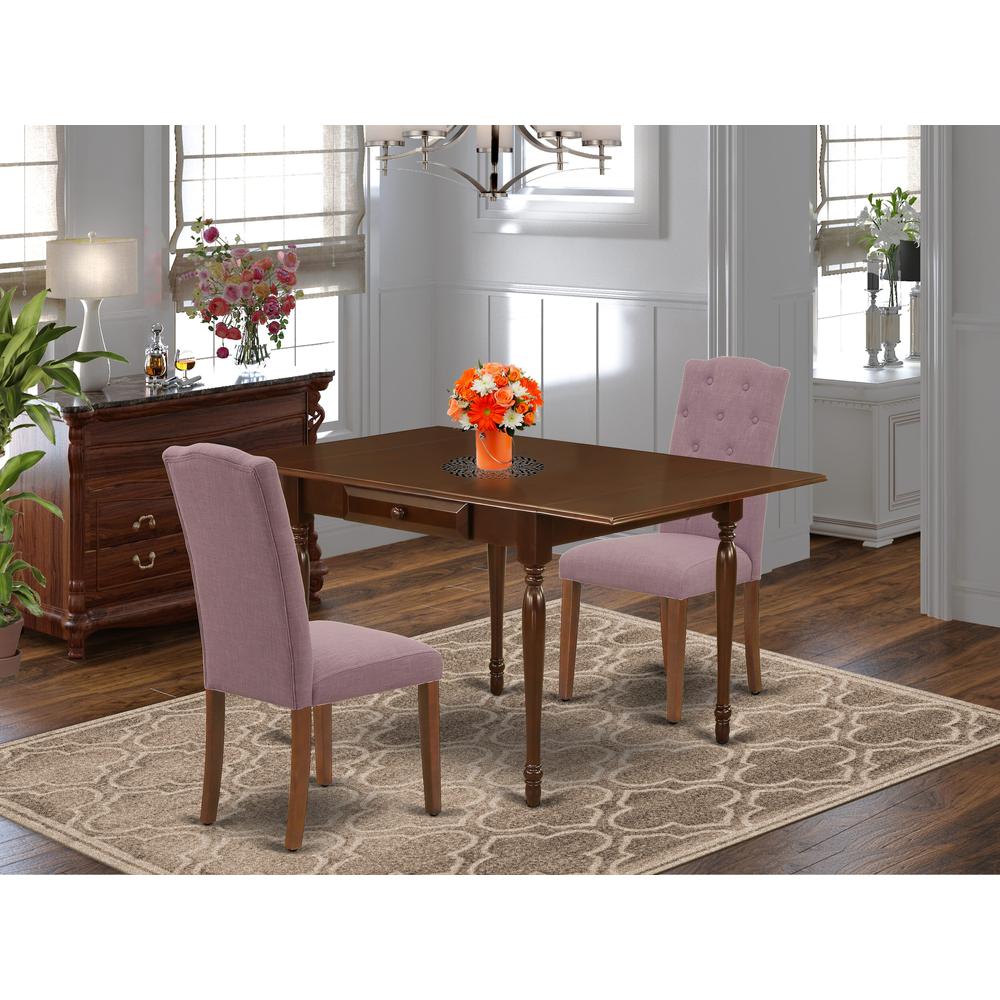 1MZCE3-MAH-10 3Pc Dining Room Table Set Offers a Modern Dining Table and 2 Parsons Dining Chairs with Dahlia Color Linen Fabric, Drop Leaf Table with Full Back Chairs, Mahogany Finish. Picture 1
