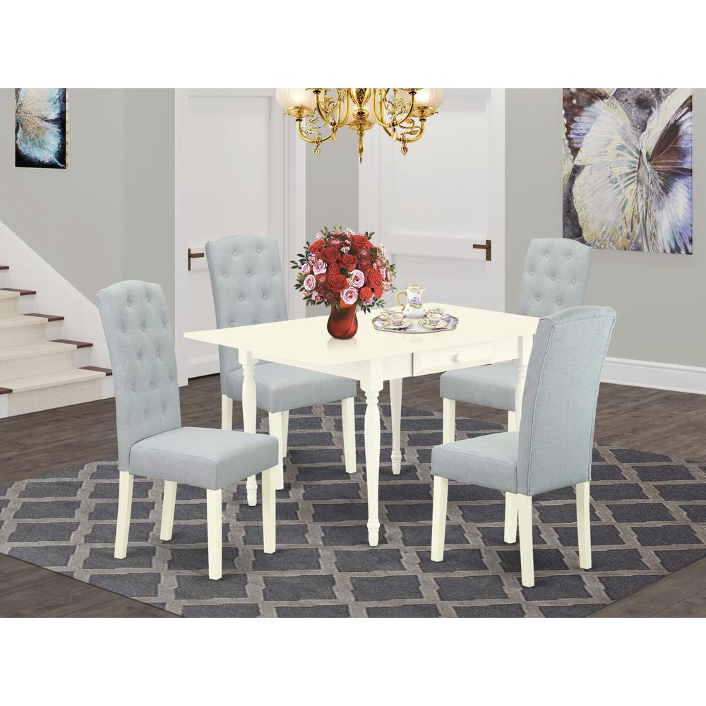 1MZCE5-LWH-15 5Pc Dinette Sets for Small Spaces Includes a Small Kitchen Table and 4 Parson Chairs with Baby Blue Color Linen Fabric, Drop Leaf Table with Full Back Chairs, Linen White Finish. Picture 1