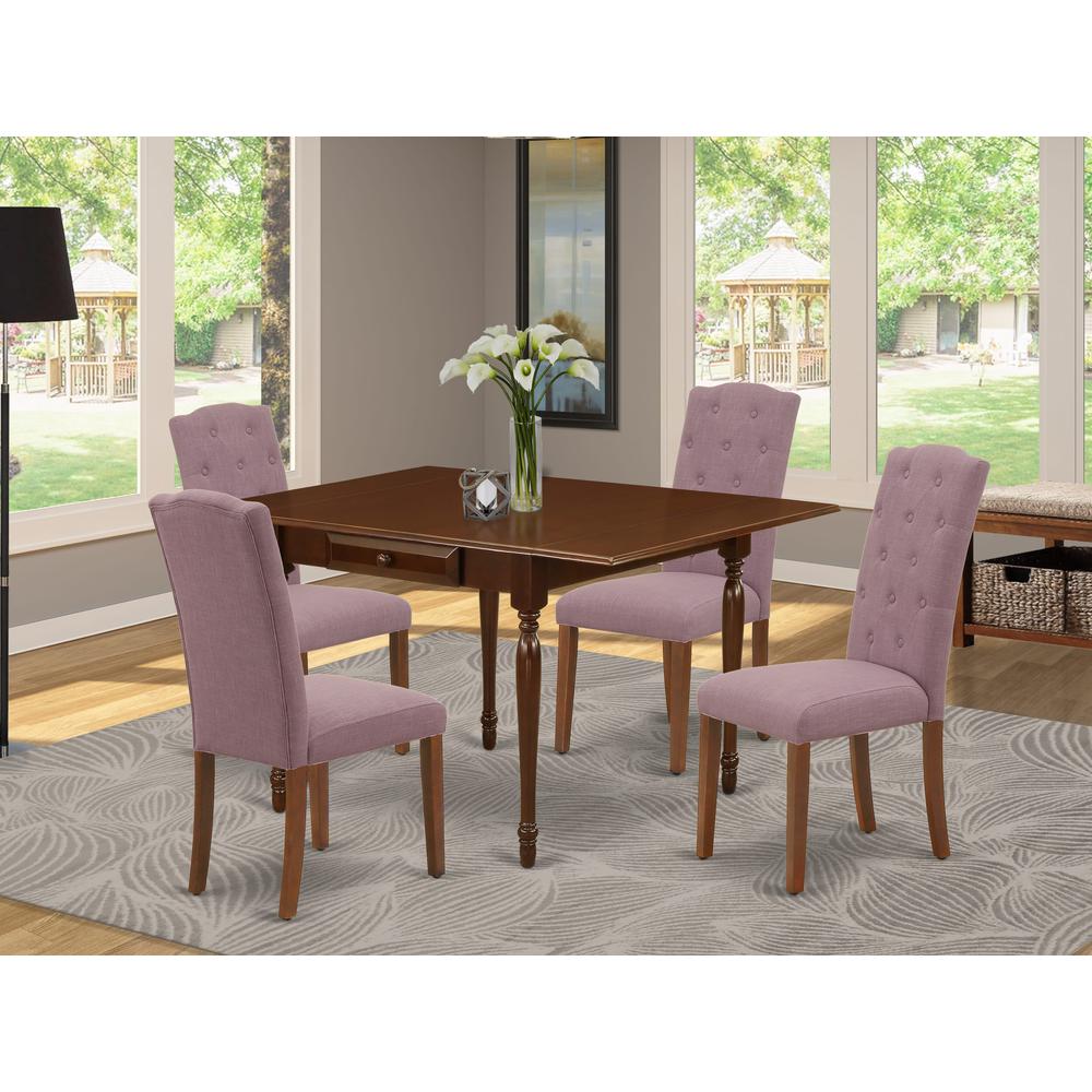 1MZCE5-MAH-10 5Pc Dinette Set Offers a Wood Table and 4 Parsons Dining Chairs with Dahlia Color Linen Fabric, Drop Leaf Table with Full Back Chairs, Mahogany Finish. Picture 1