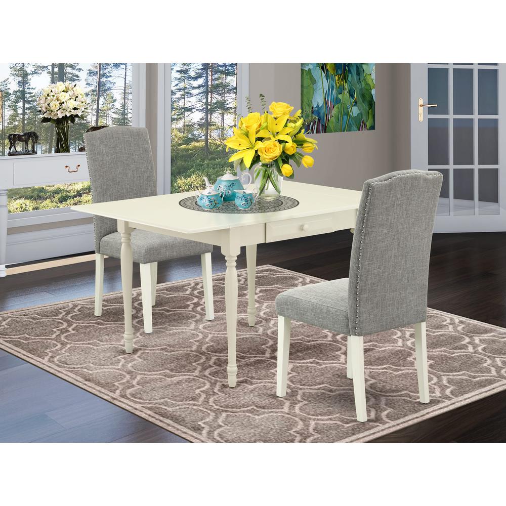 1MZEN3-LWH-06 3Pc Dining Table Set Contains a Wood Dining Table and 2 Parsons Chairs with Shitake Color Linen Fabric, Drop Leaf Table with Full Back Chairs, Linen White Finish. Picture 1