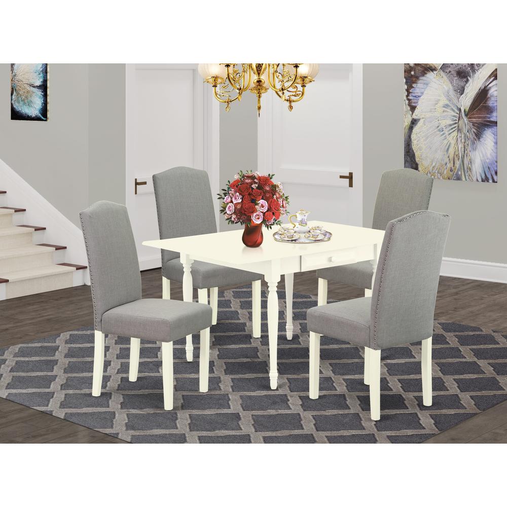 1MZEN5-LWH-06 5Pc Modern Dining Table Set Contains a Wood Dining Table and 4 Parsons Chairs with Shitake Color Linen Fabric, Drop Leaf Table with Full Back Chairs, Linen White Finish. Picture 1