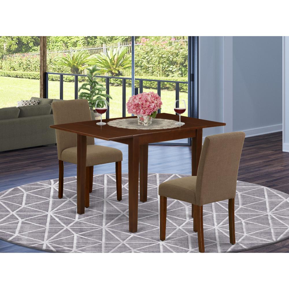1NDAB3-MAH-18 Modern Dining Table Set 3 Pc - Two Parson Chairs and a Dining Room Table - Mahogany Finish Wood - Coffee Color Linen Fabric. Picture 1