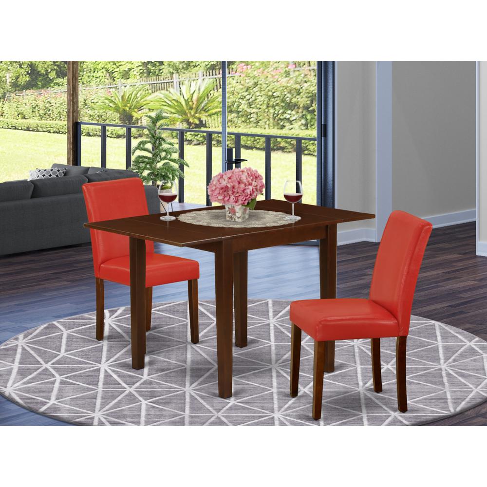 1NDAB3-MAH-72 Modern Dining Table Set 3 Pc - 2 Dining Room Chairs and a Dinner Table - Mahogany Finish Solid wood - Firebrick Red Pu Leather. Picture 1