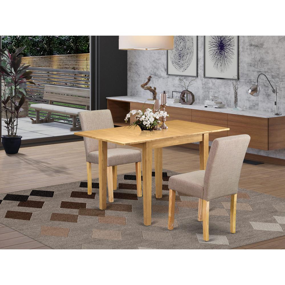 1NDAB3-OAK-04 Dining Table Set 3 Pc - Two Dining Room Chairs and a Modern Dining Table - Oak Finish Wood - Light Fawn Color Linen Fabric. Picture 1