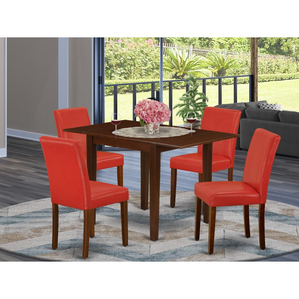 1NDAB5-MAH-72 Dinette Set 5 Pc - Four Kitchen Chairs and a Modern Dining Table - Mahogany Finish Hardwood - Firebrick Red Color Pu Leather. Picture 1
