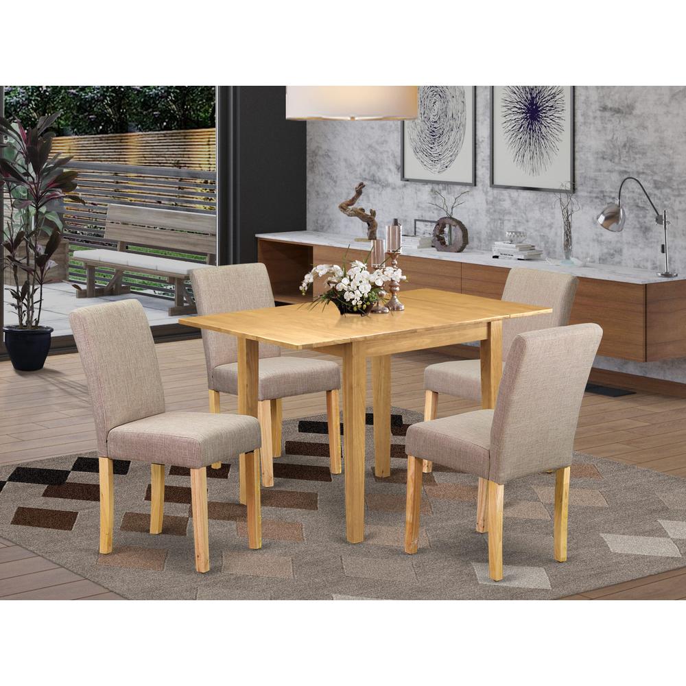 1NDAB5-OAK-04 Dinette Set 5 Pc - Four Dining Room Chairs and a Wooden Table - Oak Finish Hardwood - Light Fawn Color Linen Fabric. Picture 1