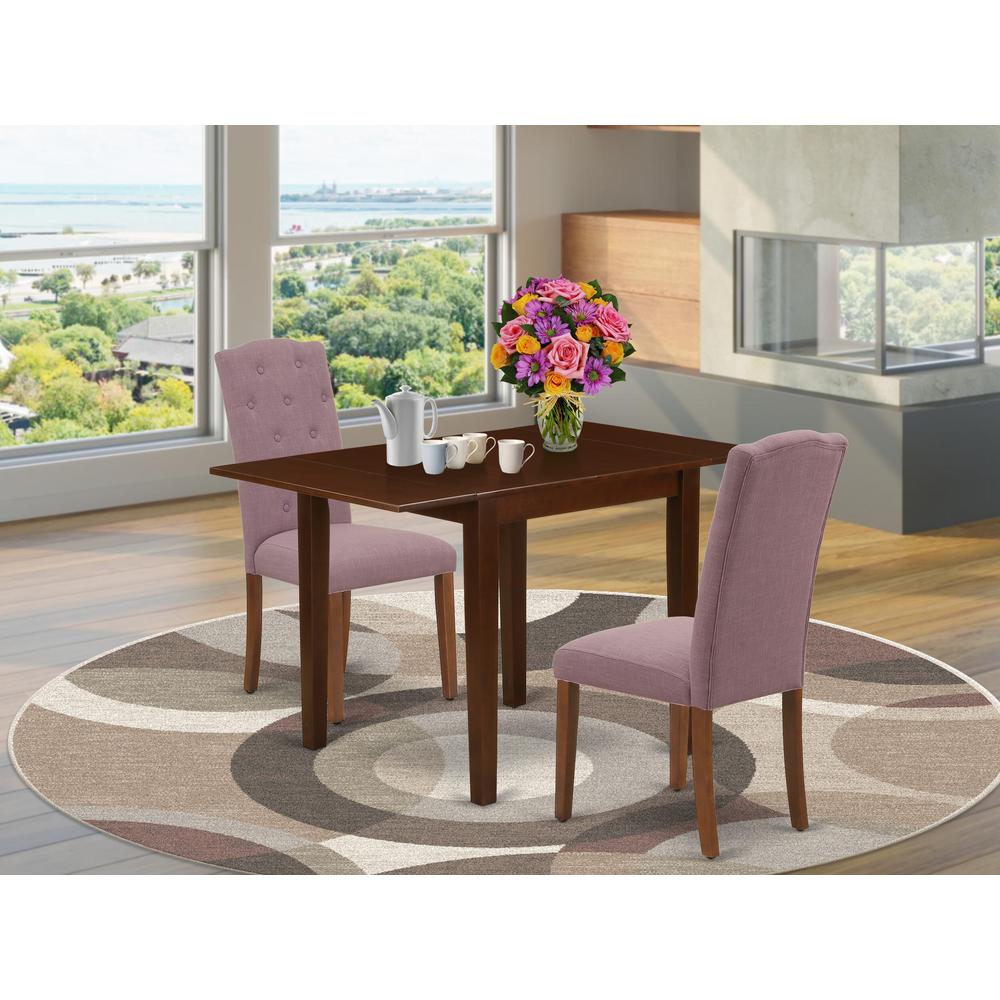 1NDCE3-MAH-10 Wooden Dining Table Set 3 Pc - 2 Dining Chairs and a Dining Table - Mahogany Finish Wood - Dahlia Color Linen Fabric. Picture 1