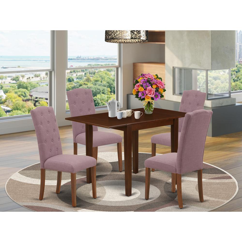 1NDCE5-MAH-10 Dining Set 5 Pc - 4 Kitchen Chairs and a Wooden Table - Mahogany Finish Solid wood - Dahlia Color Linen Fabric. Picture 1