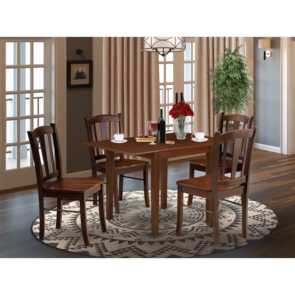 NDDL5-MAH-W - 5-Piece Kitchen Dining Room Set- 4 Mid Century Chair with Wooden Seat and Slatted Chair Back - Dropleafs Rectangular Table - Mahogany Finish. Picture 1