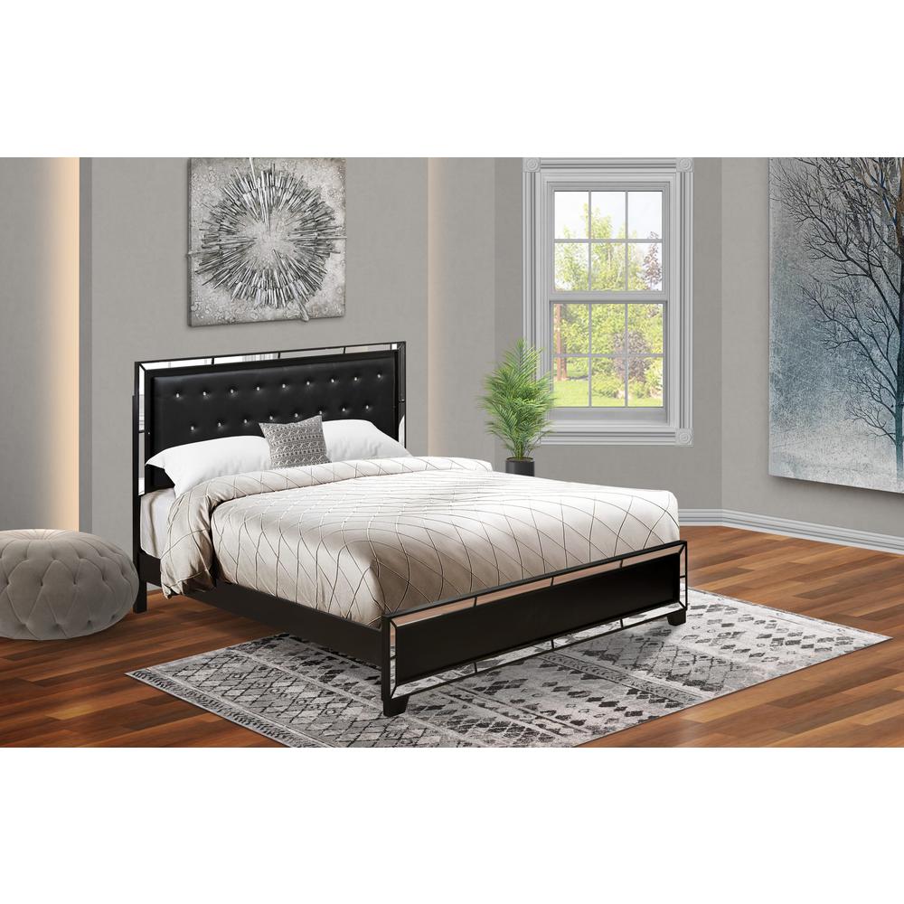 East West Furniture Nella Button Tufted Bedroom Frame - Black Leather Headboard and Black Legs - King Size. Picture 1