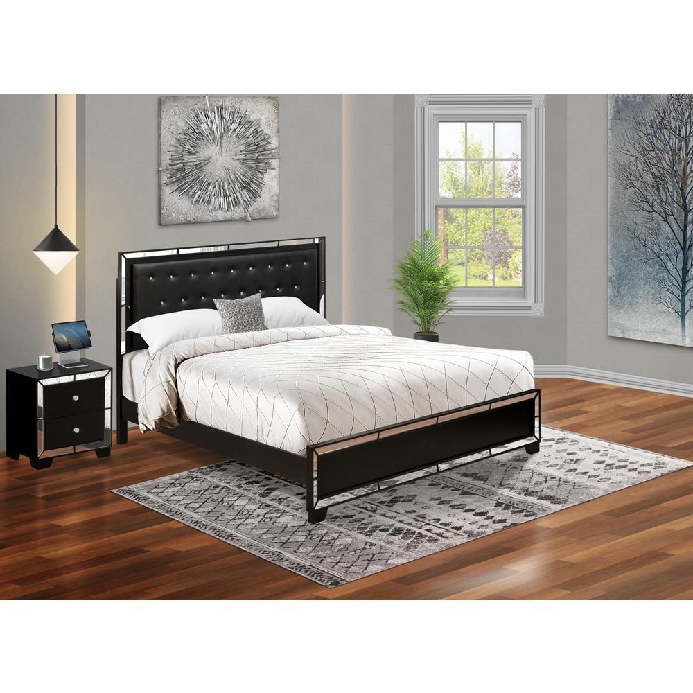 East West Furniture 2-Piece Nella King Size Bedroom Set with a Button Tufted King Size Frame and Night Stand for Bedroom - Black Leather Headboard and Black Legs. Picture 1