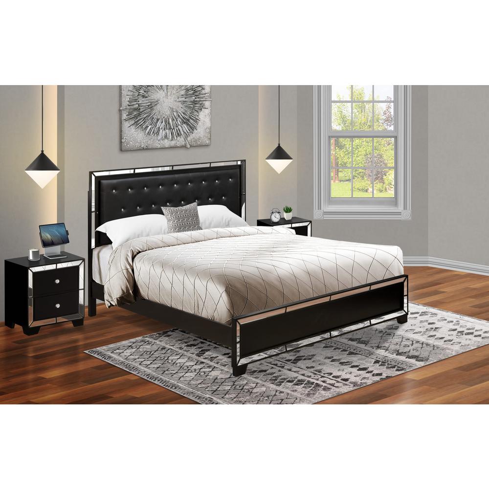 East West Furniture 3-Piece Nella Bed Set with Button Tufted King Size Bed and 2 Night Stands for Bedrooms - Black Leather King Headboard and Black Legs. Picture 1