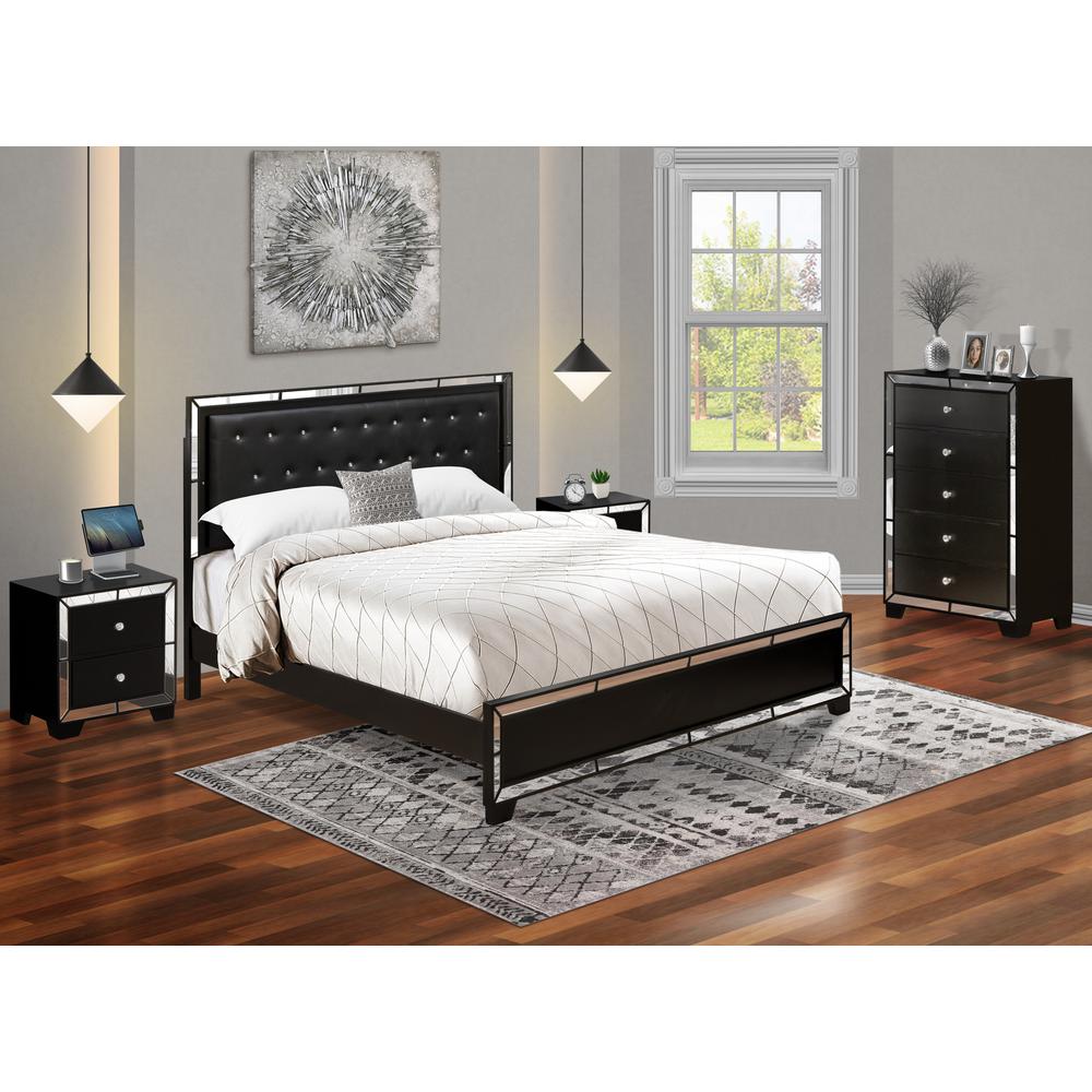 East West Furniture 4-PC Nella King Size Bed Set with a Button Tufted Platform Bed, Wood Chest and 2 Mid Century Nightstands - Black Leather Headboard and Black Legs. Picture 1