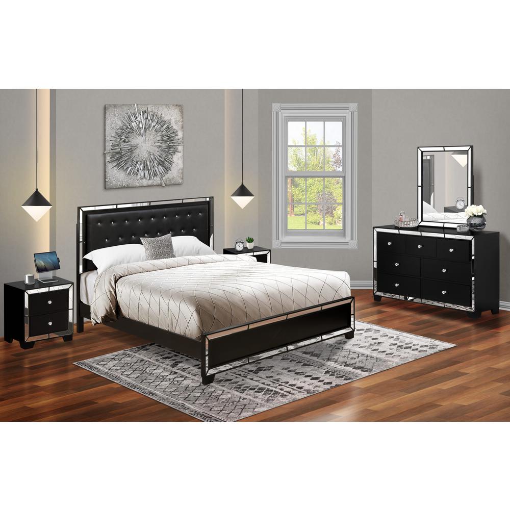 East West Furniture 5-PC Nella King Bedroom Set with a Button Tufted Upholstered Bed, Dresser Bedroom, Room Mirror, and 2 Modern Nightstands - Black Leather Headboard and Black Legs. Picture 1