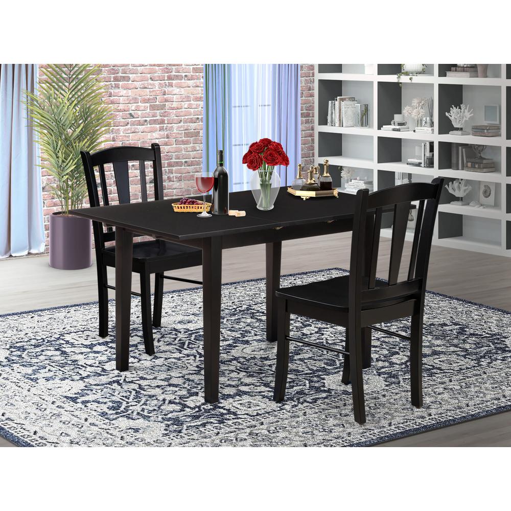NFDL3-BLK-W - 3-Piece Kitchen Dining Room Set- 2 Modern Dining Chairs with Wooden Seat and Slatted Chair Back - Butterfly Leaf Rectangular Dining Table (Black Finish). Picture 1