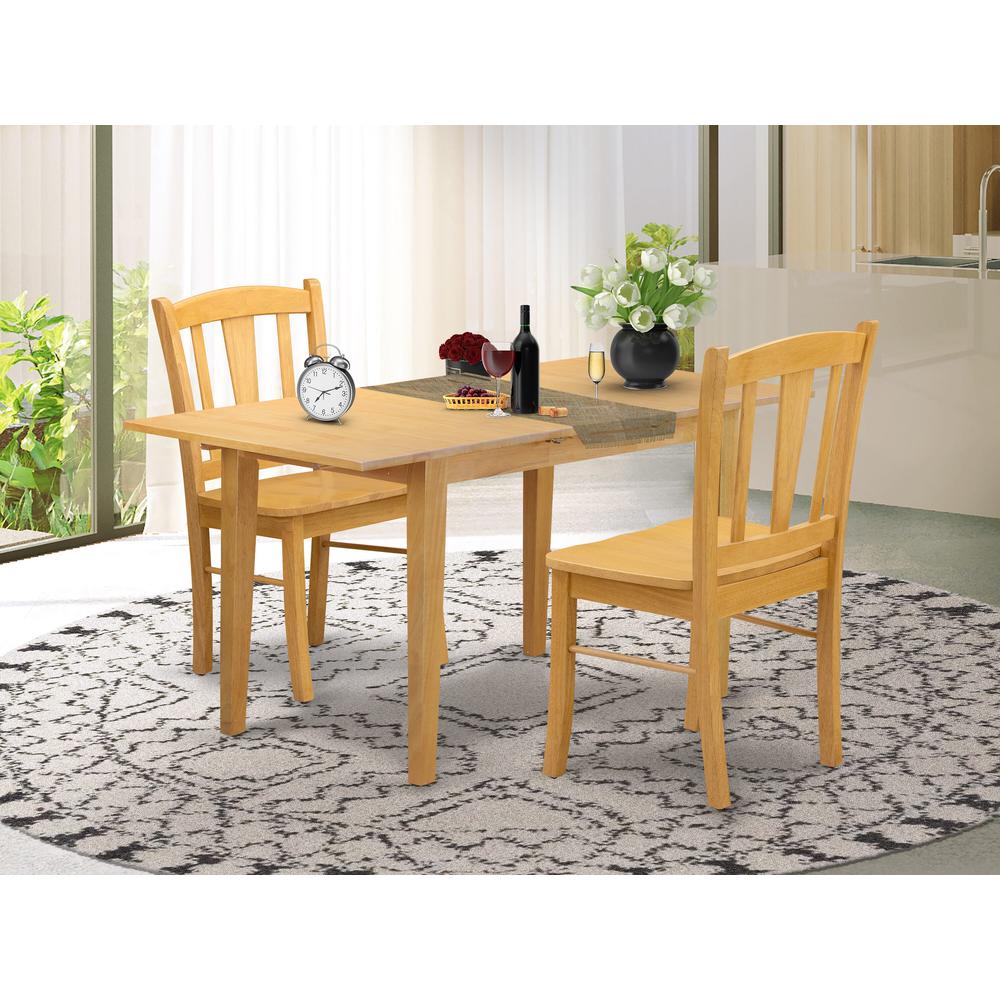 NFDL3-OAK-W - 3-Piece Dining Room Table Set- 2 Wooden Chairs with Wooden Seat and Slatted Chair Back - Butterfly Leaf Rectangular Table - Oak Finish. Picture 1