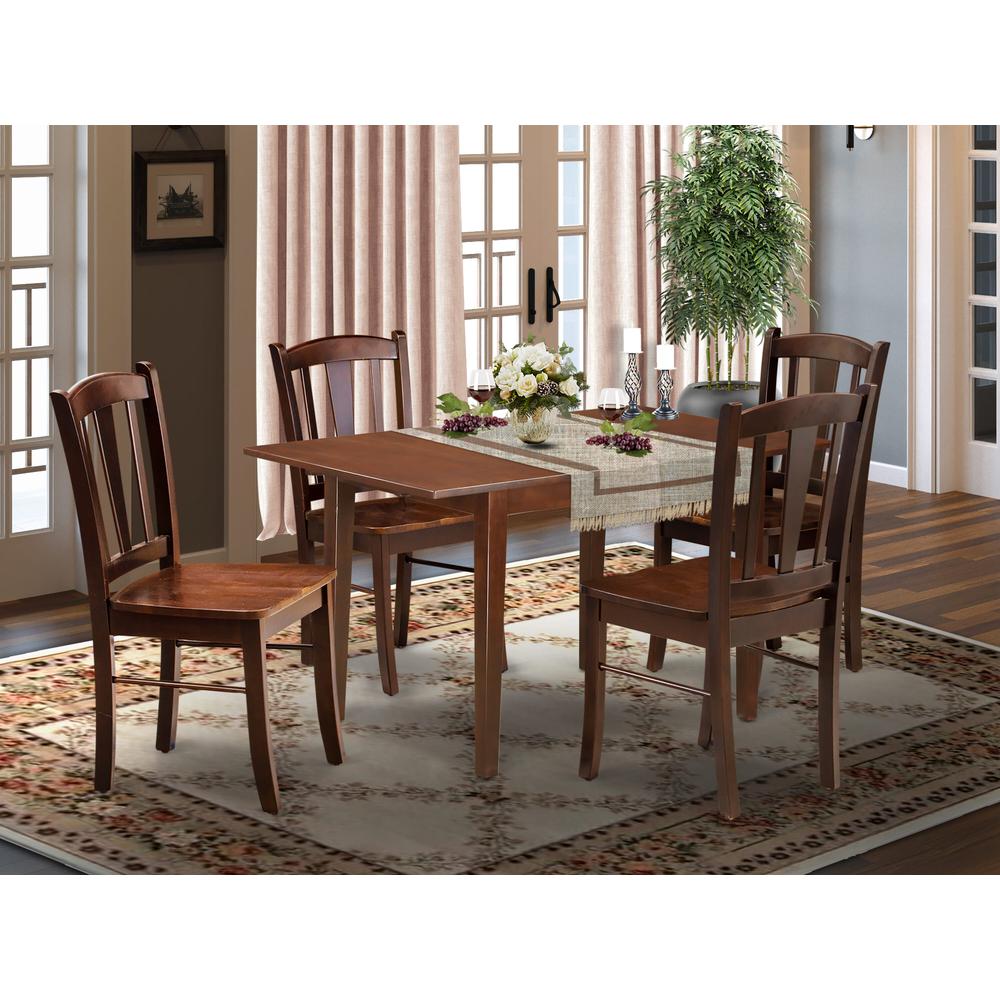 NFDL5-MAH-W - 5-Pc Dining Room Table Set- 4 Kitchen Chair with Wooden Seat and Slatted Chair Back - Butterfly Leaf Dining Table - Mahogany Finish. Picture 1